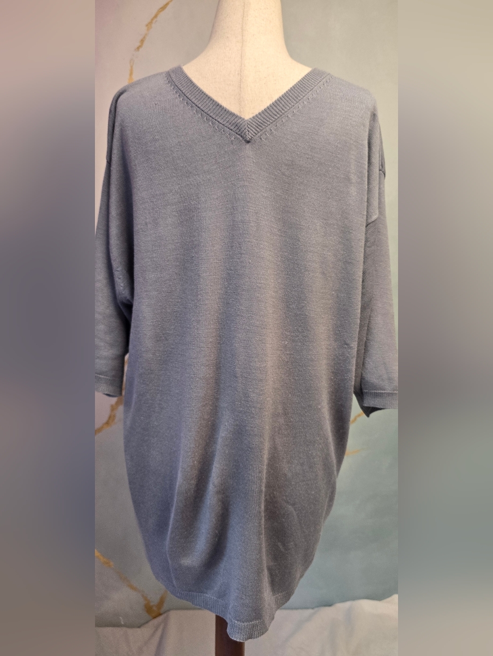 Vintage Andrew Fezza 100% Silk Slate Blue Grey V-Neck Short Sleeve Sweater L